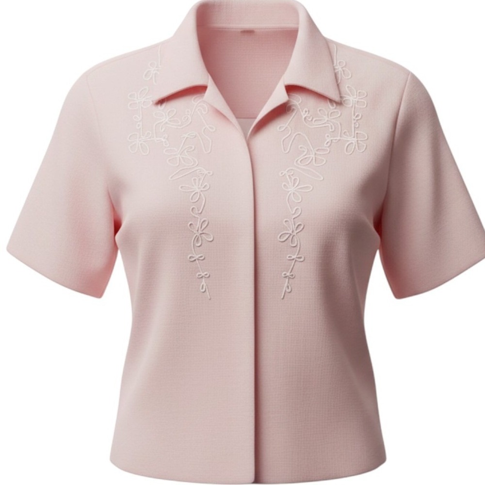 Cheryl Tiegs Pink Embroidered Short Sleeve Button Up Blouse Ramie Cotton Sz 12
